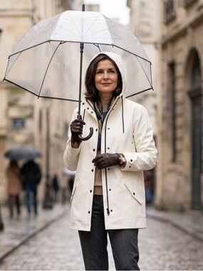 The group Babaton Cream Hooded Raincoat with Black Accents size XS